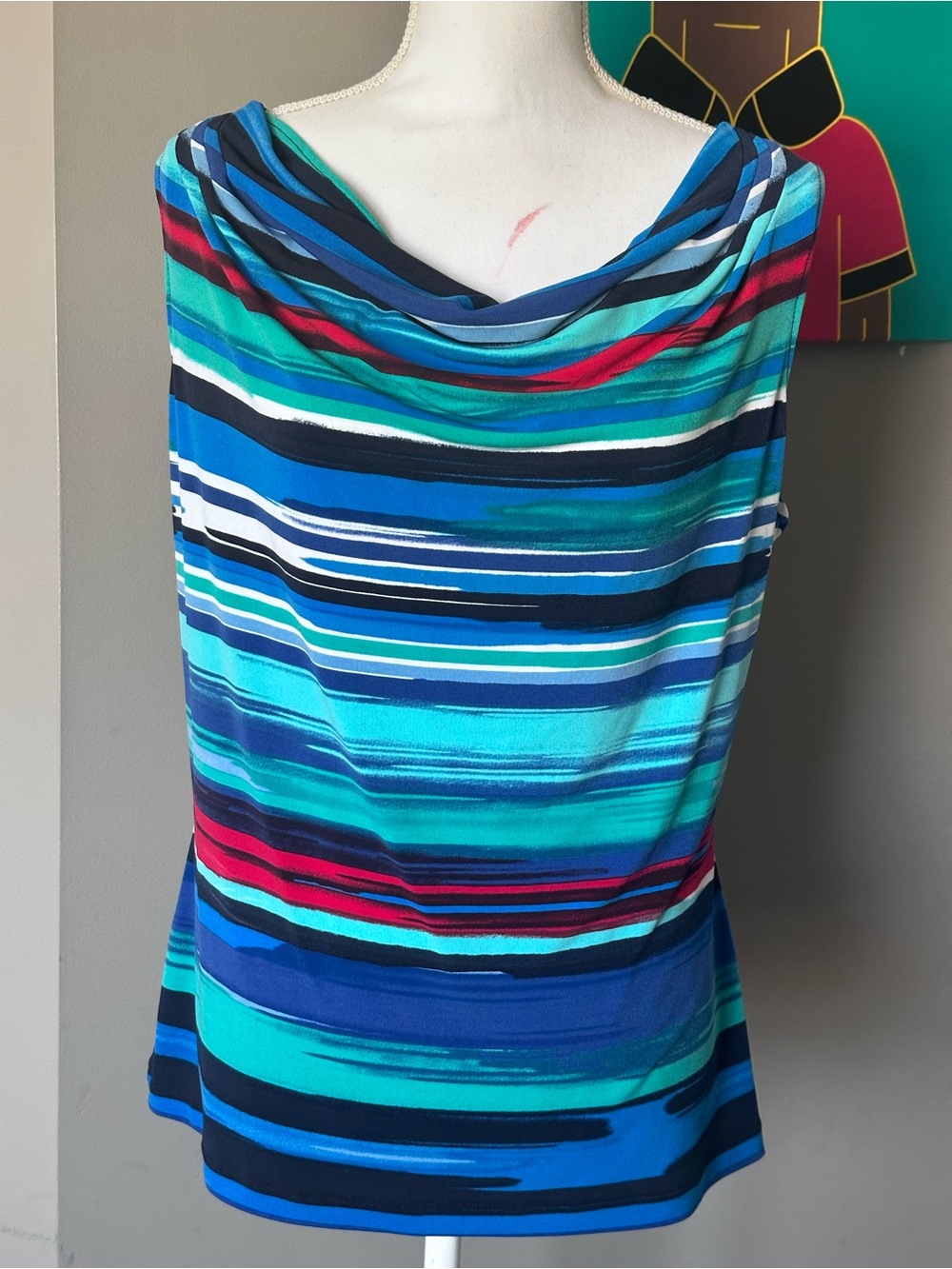 Calvin Klein Multi-Blue Striped Cowl Neck Sleeveless Top
